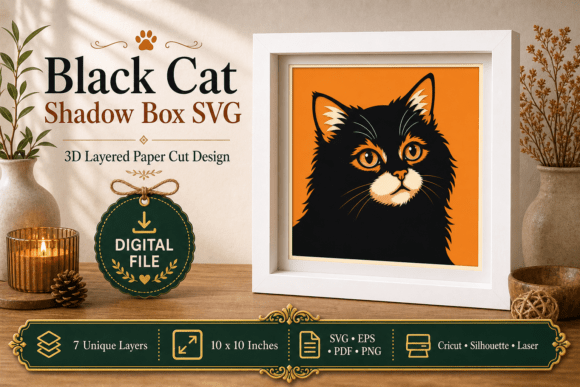 Black Cat Shadow Box Svg Design: 3D SVG for Shadow Boxes
