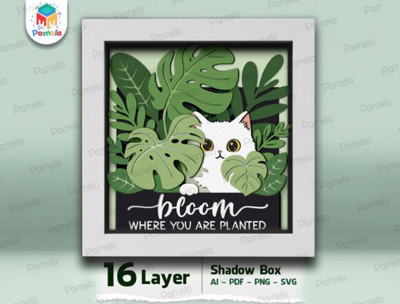 Cat Plant Shadow Box SVG: 3D SVG Animals for Branding