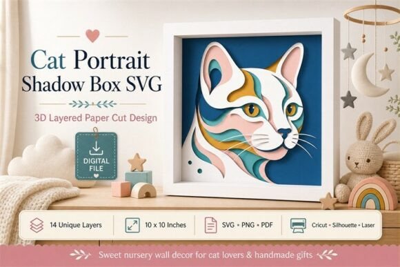 Cat Portrait Shadow Box Svg: 3D SVG for Shadow Boxes