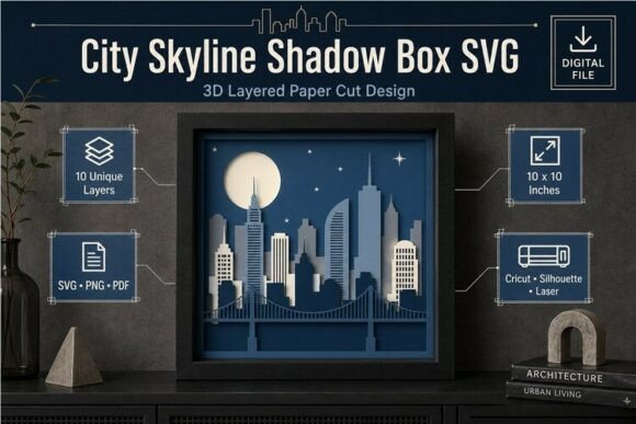City Skyline Shadow Box Blue: 3D SVG for Shadow Boxes