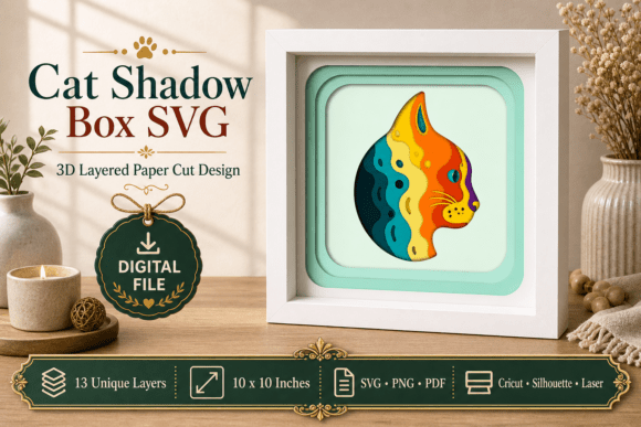 Colorful Cat Shadow Box: 3D SVG for Modern Shadow Boxes