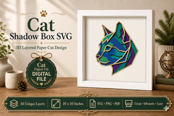 Geometric Cat Head 3D SVG for Shadow Boxes