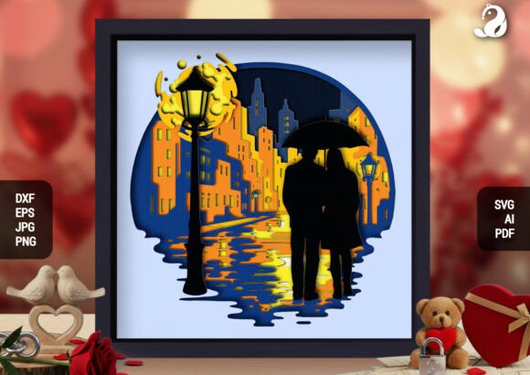 Rainy Night Cityscape Couple Shadowbox: 3D SVG Review