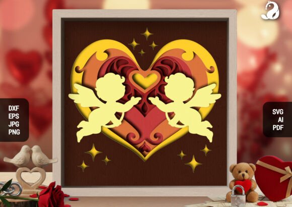 Romantic Two Cupids Valentine 3D SVG for Shadow Boxes